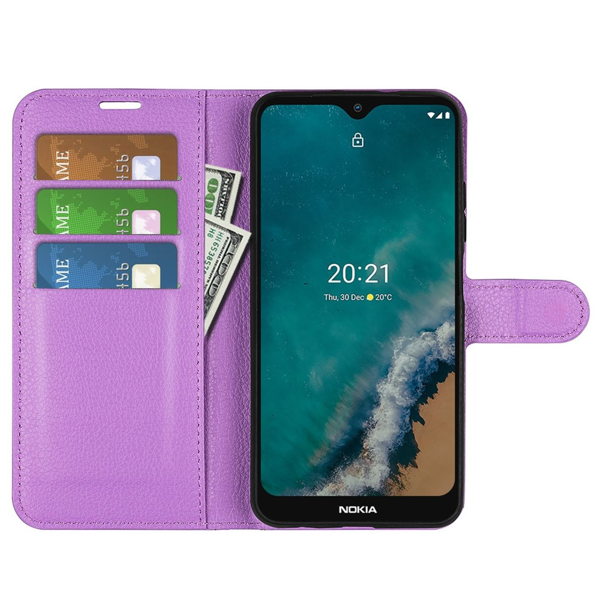 Lila Handyhülle offen, mit Handy, Kreditkarten und Geld. Bildschirm zeigt Uhrzeit. Weißer Hintergrund.