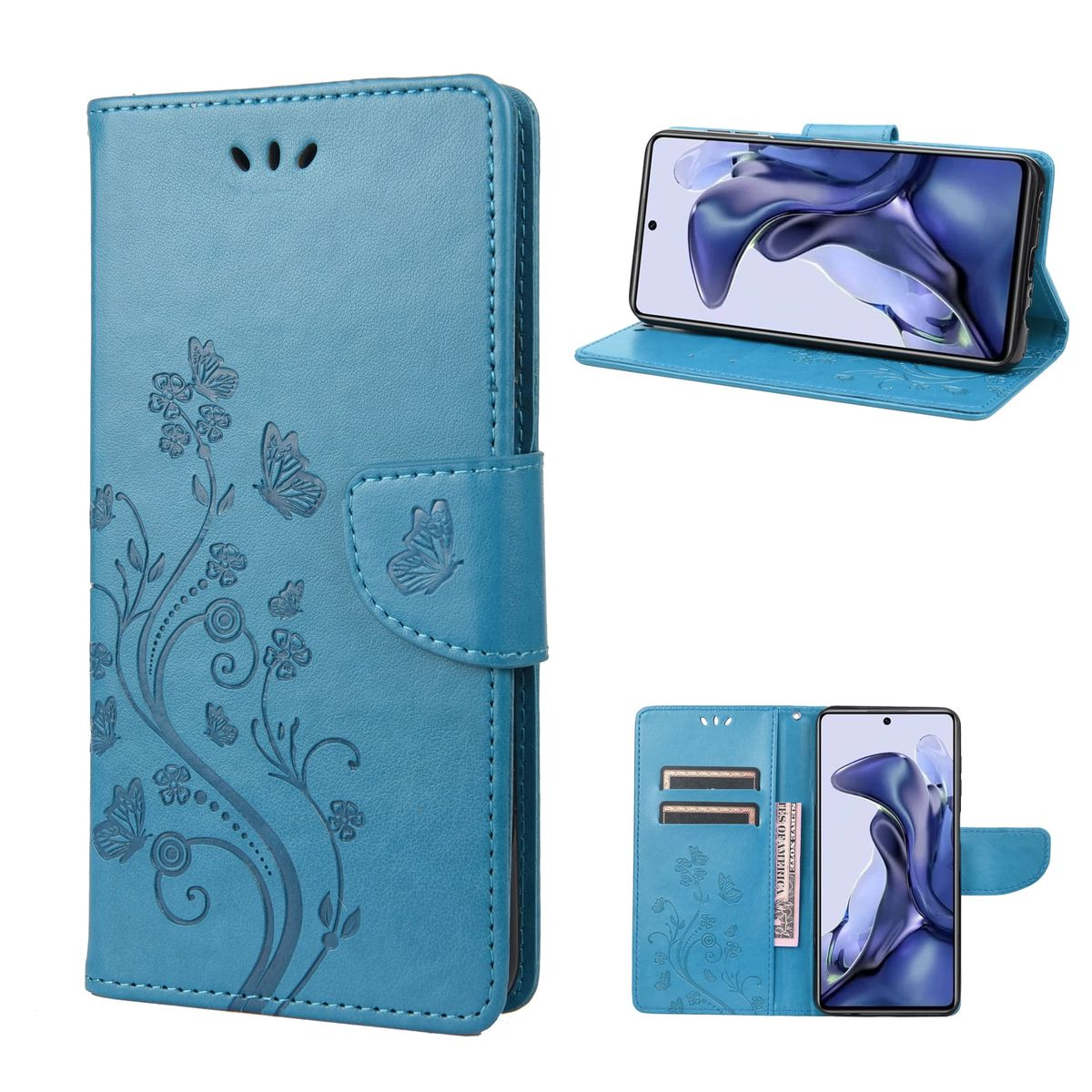 Blaue Handyhülle mit Blumen- und Schmetterlingsdesign. Telefonbildschirm sichtbar. Drei Ansichten.