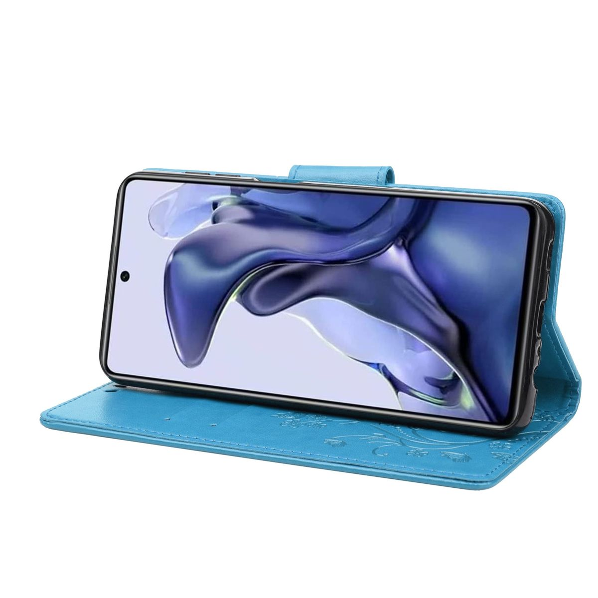 Blaue Handyhülle, offen, mit einem Telefon, das ein abstraktes Bild zeigt. Blumendesign auf der Hülle.
