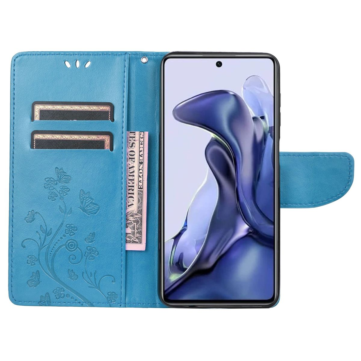 Blaue Handyhülle offen, mit Karten und einem Telefon. Das Telefon zeigt farbenfrohes Design und Schmetterlingskunst.