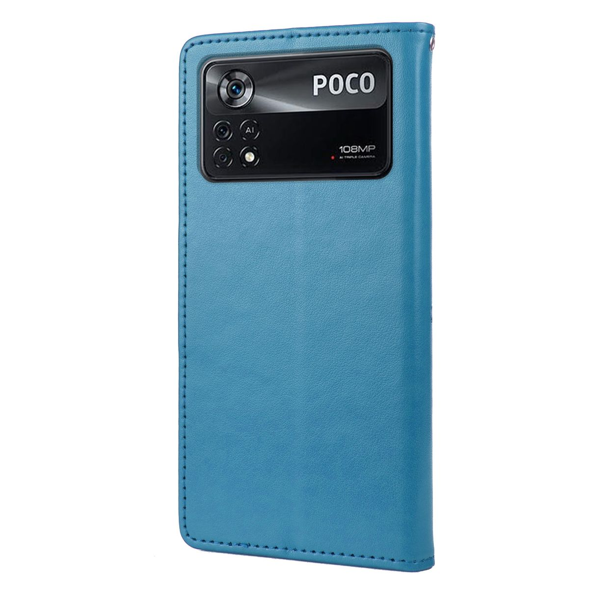 Blaue Handyhülle mit Kamera und dem Wort POCO. Der POCO-Bildschirm ist sichtbar.