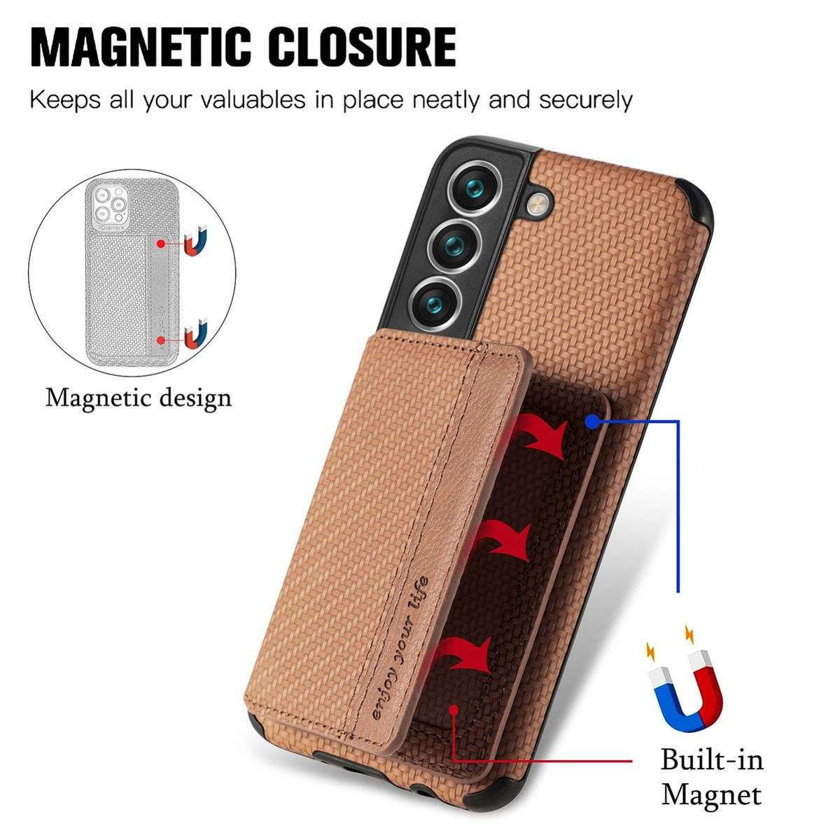 Braune Handyhülle mit Magnetverschluss. Zeigt ein Telefon und eine magnetische Geldbörse.