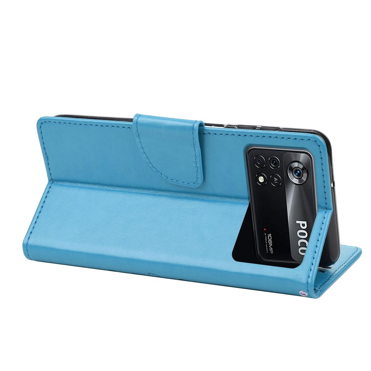 Blaue Handyhülle mit Telefon. Die Hülle ist geöffnet, das Telefon ist aufgestellt.