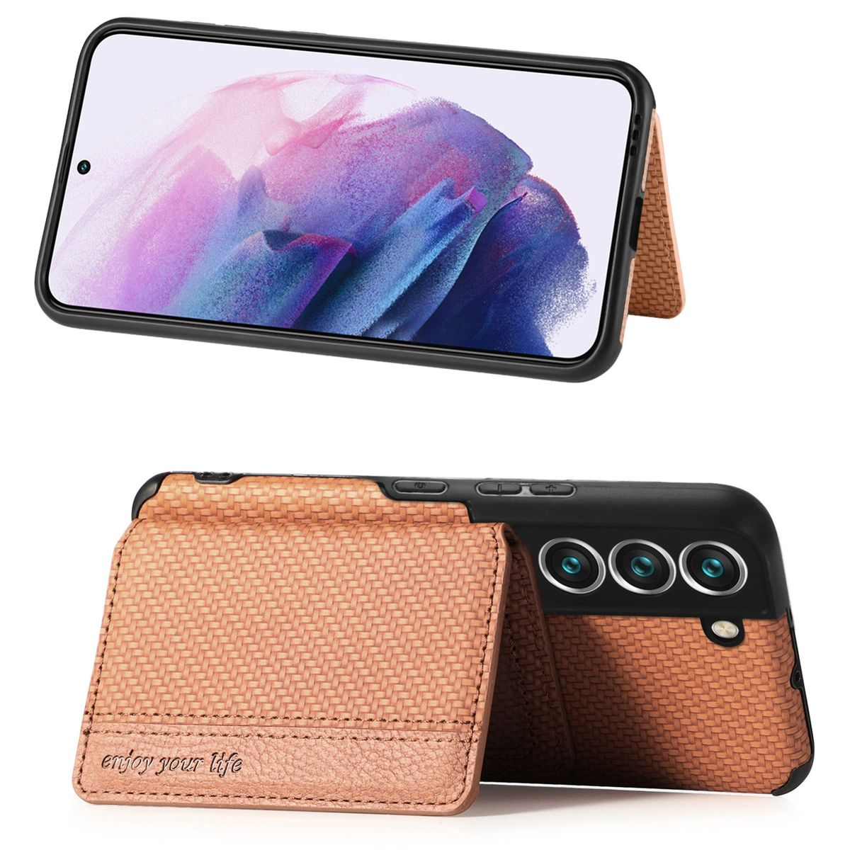 Braune Handyhülle, offen. Telefon angewinkelt, Kartenhalter mit 'enjoy your life'.
