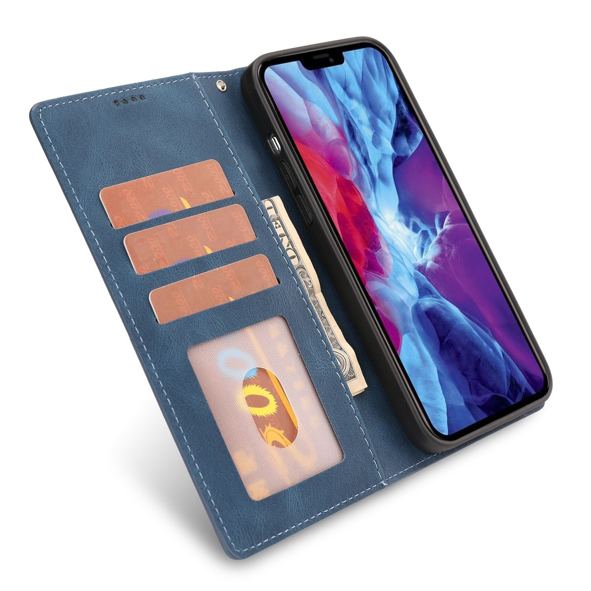 Eine blaue Handyhülle, geöffnet mit Karten und Geld. Das Telefon ist ein modernes Smartphone.