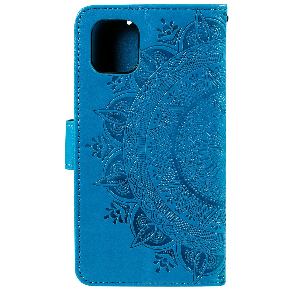 Blaue Handyhülle mit Mandala-Design. Sie hat einen Magnetverschluss und einen Telefonausschnitt.