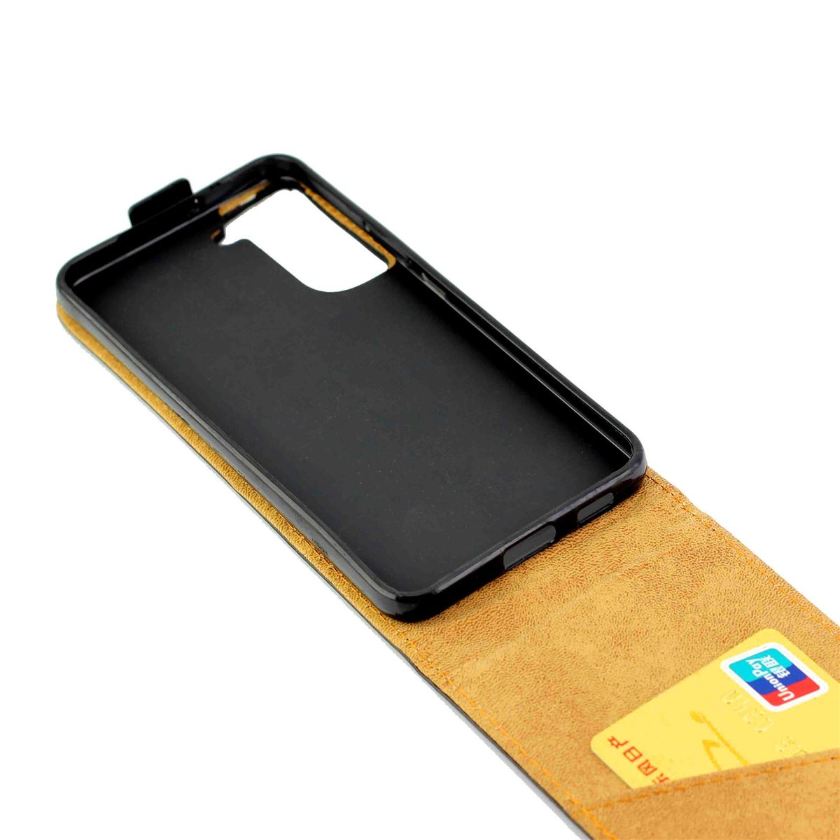Eine geöffnete Handyhülle mit einem schwarzen Telefonrahmen. Im Inneren ist eine Unipay-Karte sichtbar.