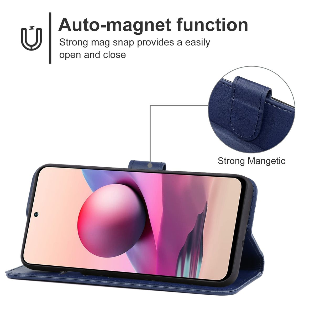 Geöffnete Handyhülle mit Handy. Text: Auto-Magnet-Funktion. Starker Magnetverschluss.