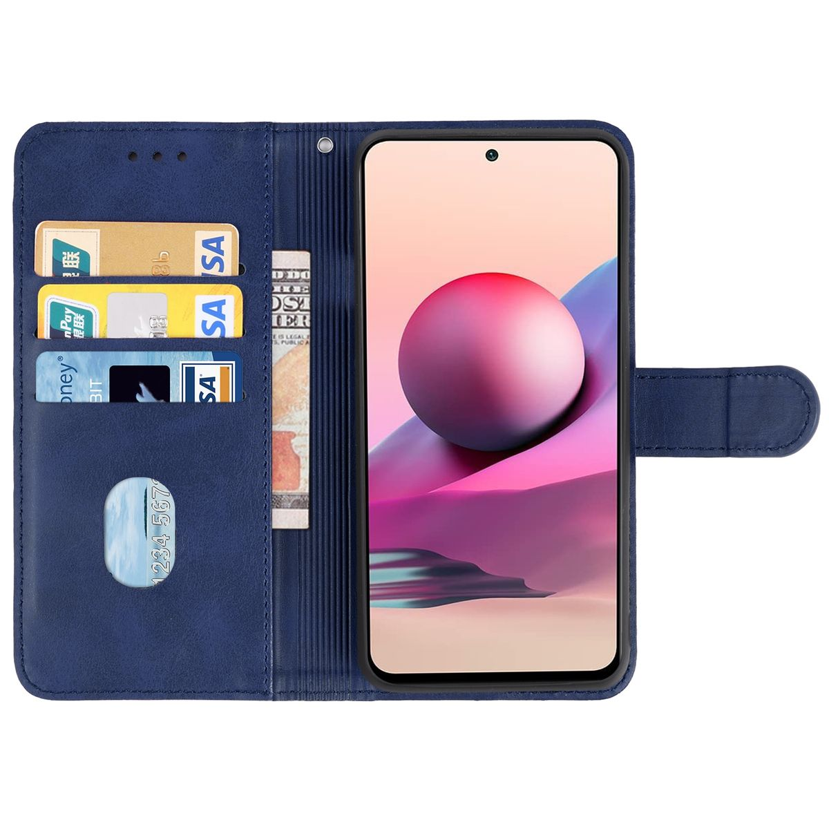Blaue Handyhülle mit Telefon und Karten. Offen, mit Karten und Bargeld. Telefon zeigt ein rosa und blaues Bild.