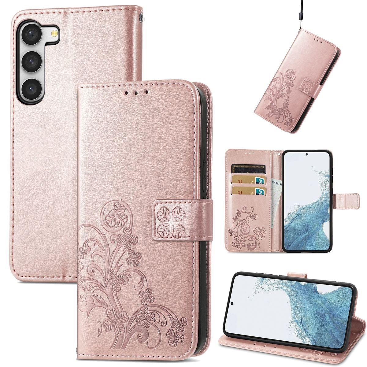 Roségoldene Handyhülle mit floralem Design, verschiedene Ansichten. Telefon innen, Geldbörsen-Features. Mit Riemen.
