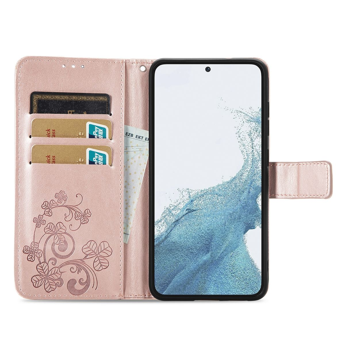 Eine rosa Handyhülle mit Geldbörse, geöffnet, um Karten und ein Telefon zu zeigen. Es hat ein Blumendesign.