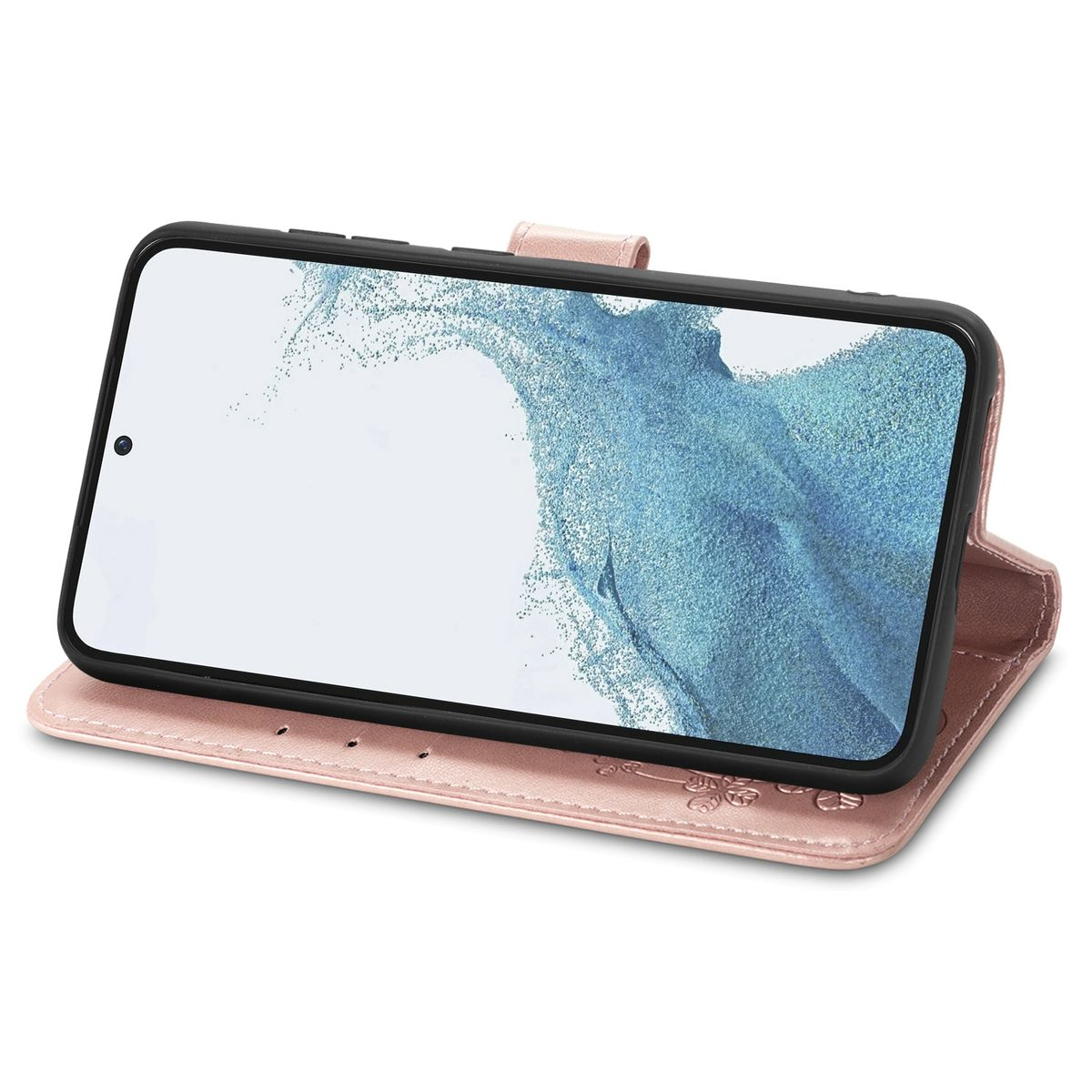 Rosa Handyhülle mit Telefon darin, Blumendesign auf dem Cover.