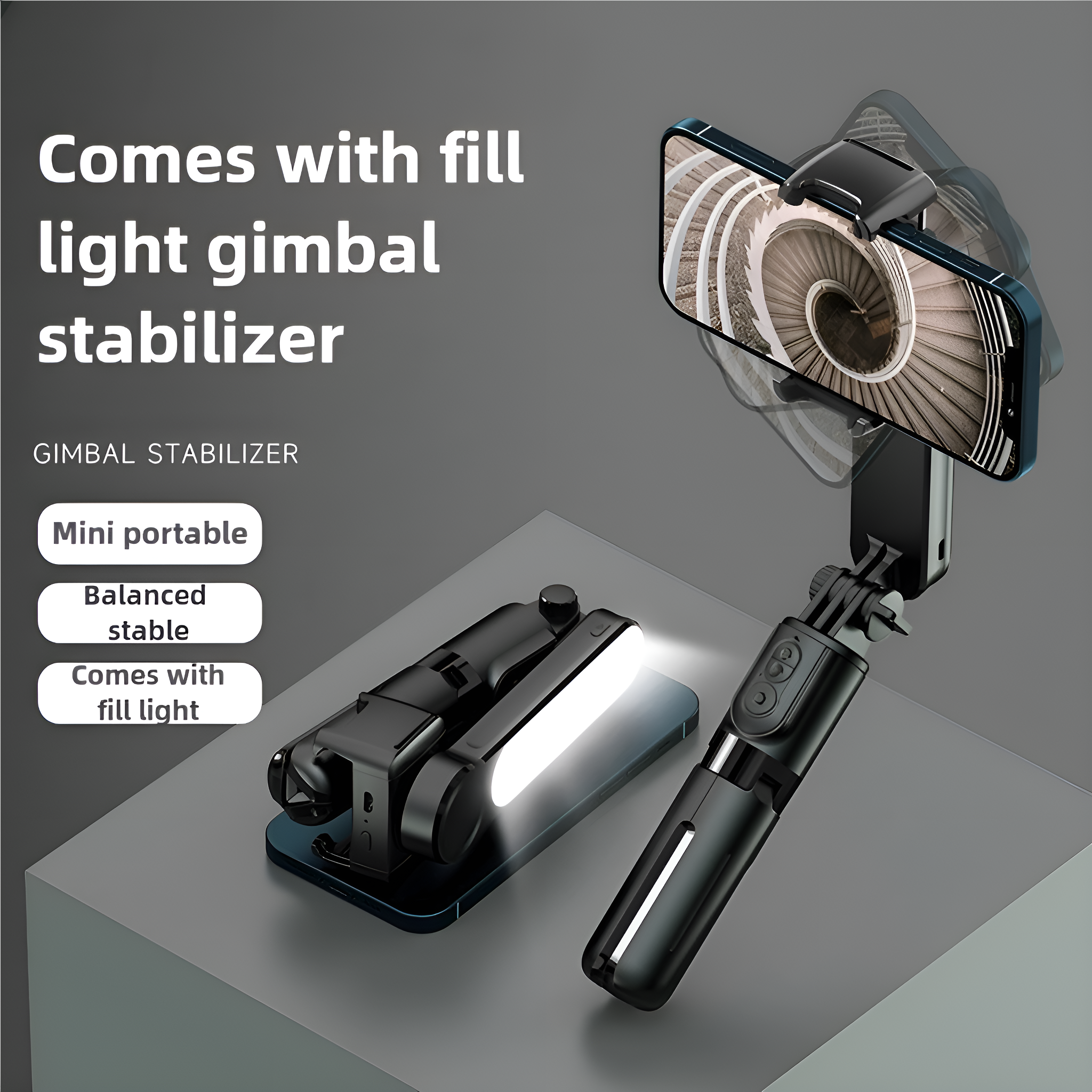 Ein schwarzer Gimbal-Stabilisator mit befestigtem Telefon. Text: 'Comes with fill light gimbal stabilizer'.