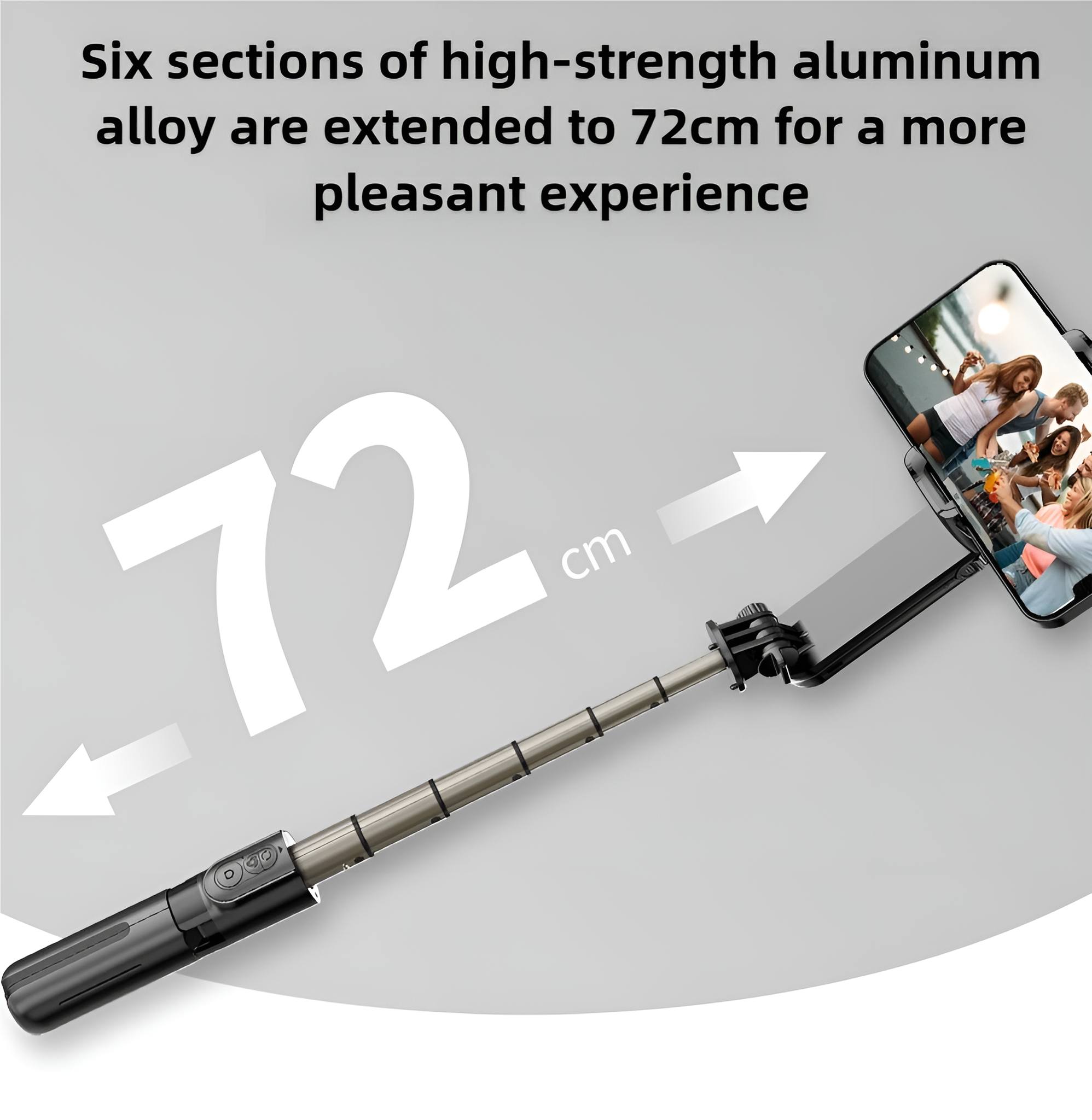 Ein Selfie-Stick. Text sagt: 'Sechs Abschnitte aus hochfester Aluminiumlegierung sind auf 72 cm verlängert'.
