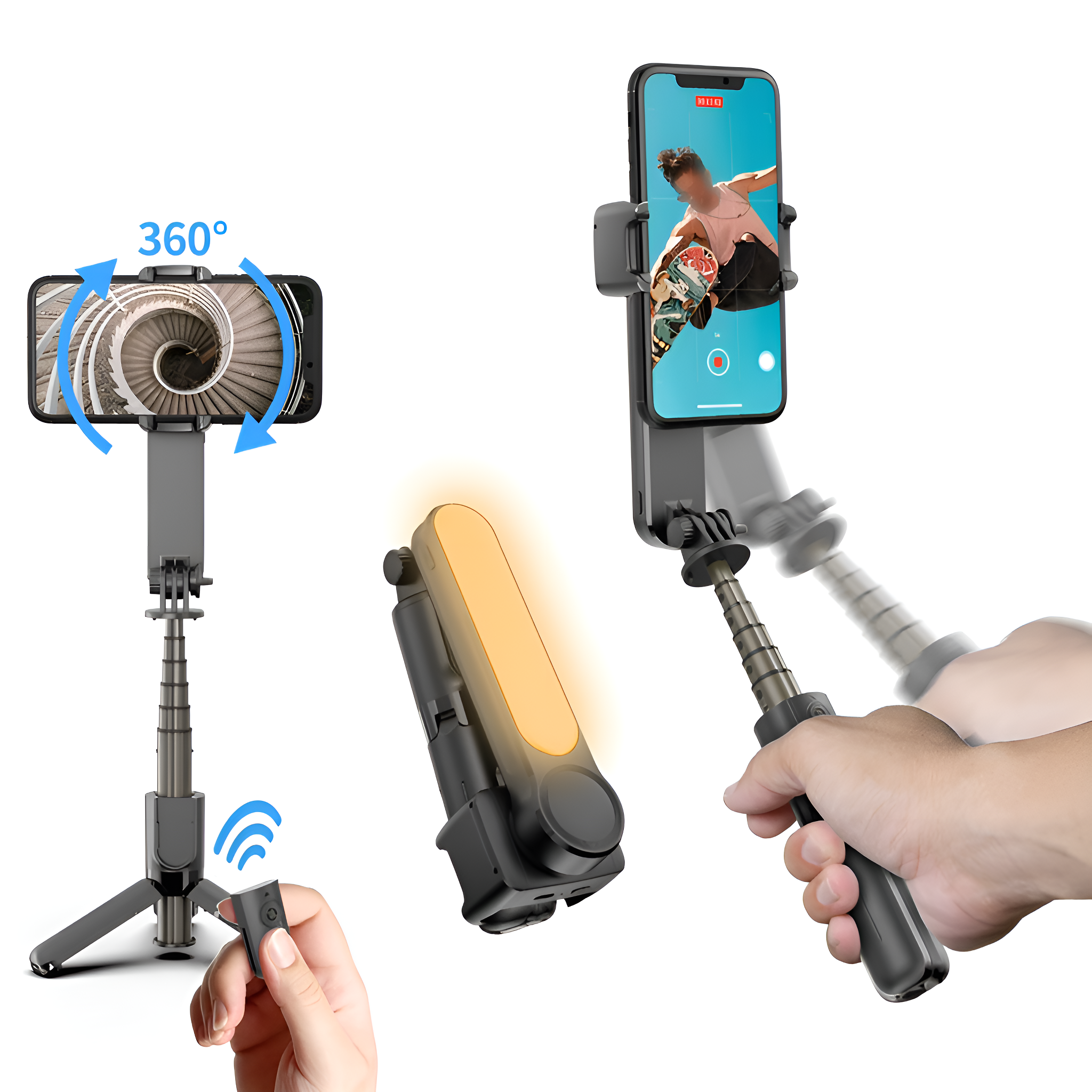 Ein Telefon ist an einem Stativ und einem Selfie-Stick befestigt. Eine Fernbedienung und ein Licht werden gezeigt.