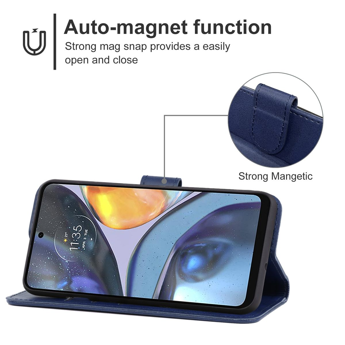 Blaue Handyhülle mit Handy. Die Hülle hat eine Magnetfunktion, mit Nahaufnahme des Magnetverschlusses.