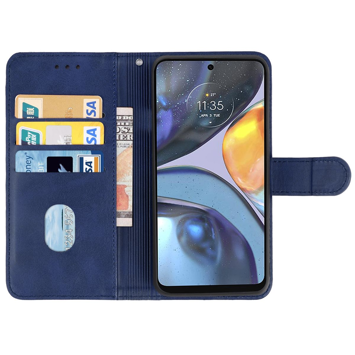 Blaue Handyhülle offen, zeigt Telefon mit Karten und Geld. Telefon zeigt Uhrzeit.