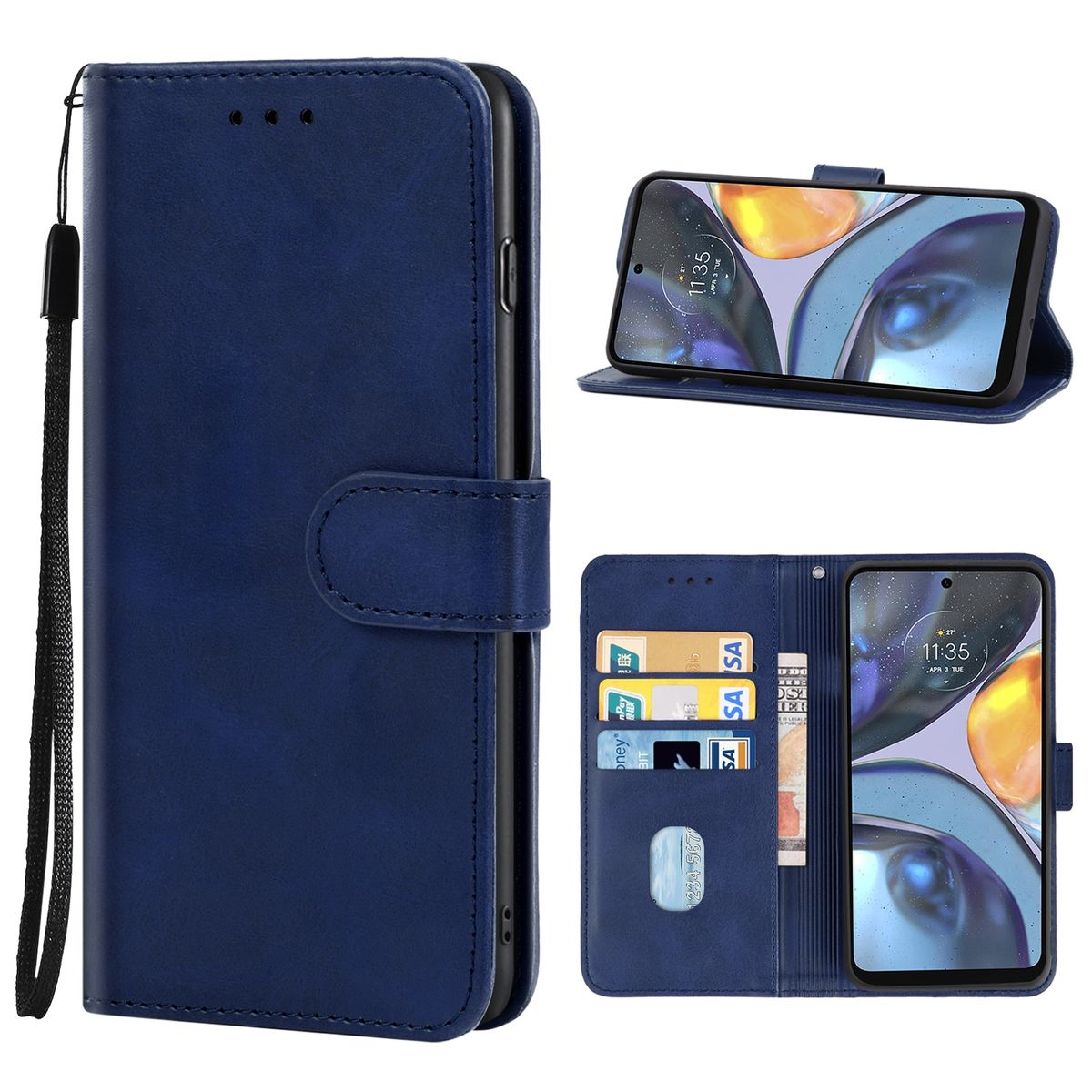 Eine marineblaue Handyhülle mit einem Telefon darin, drei verschiedene Winkel.