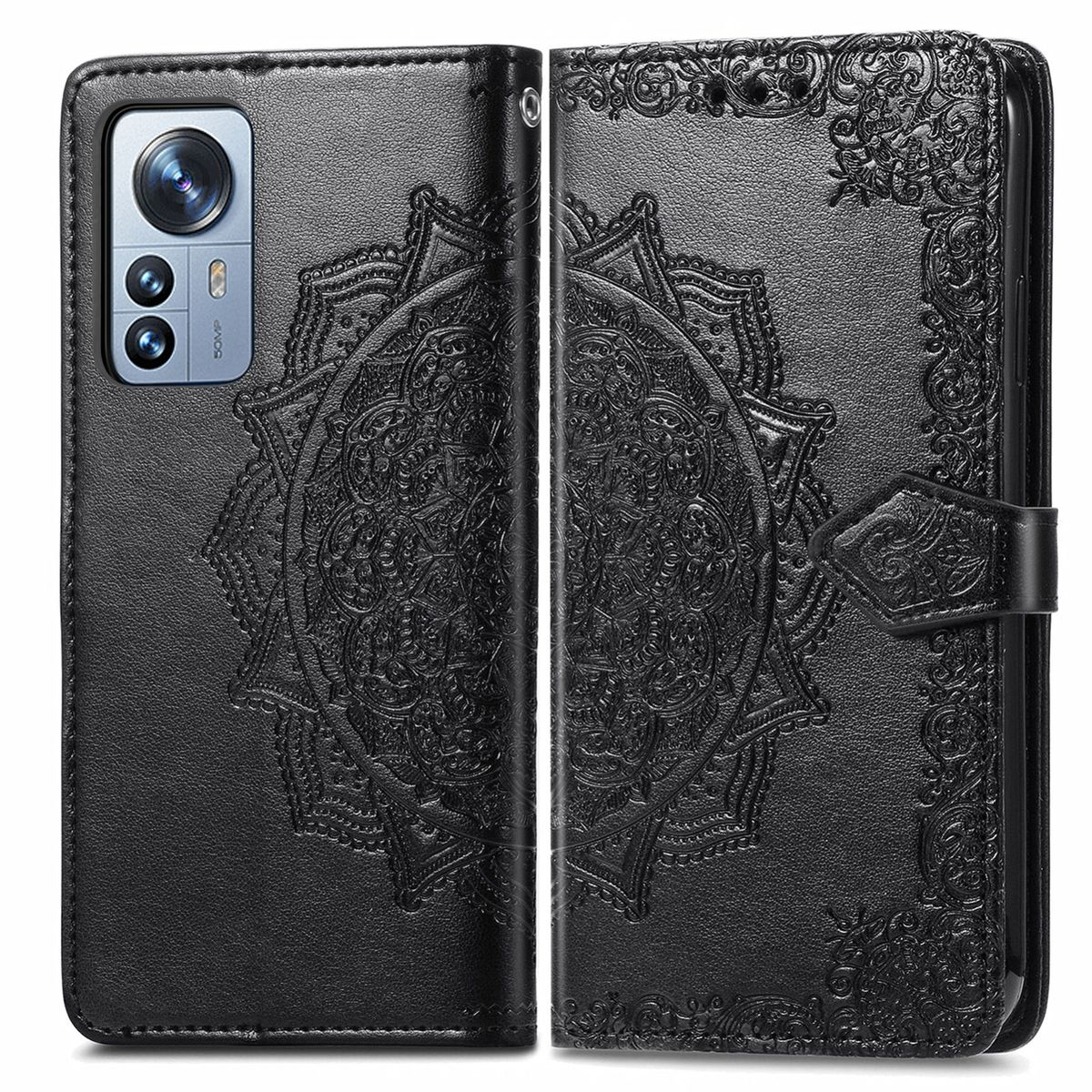 Schwarze Handyhülle geöffnet, zeigt das Telefon und ein dekoratives Design. Weißer Hintergrund.