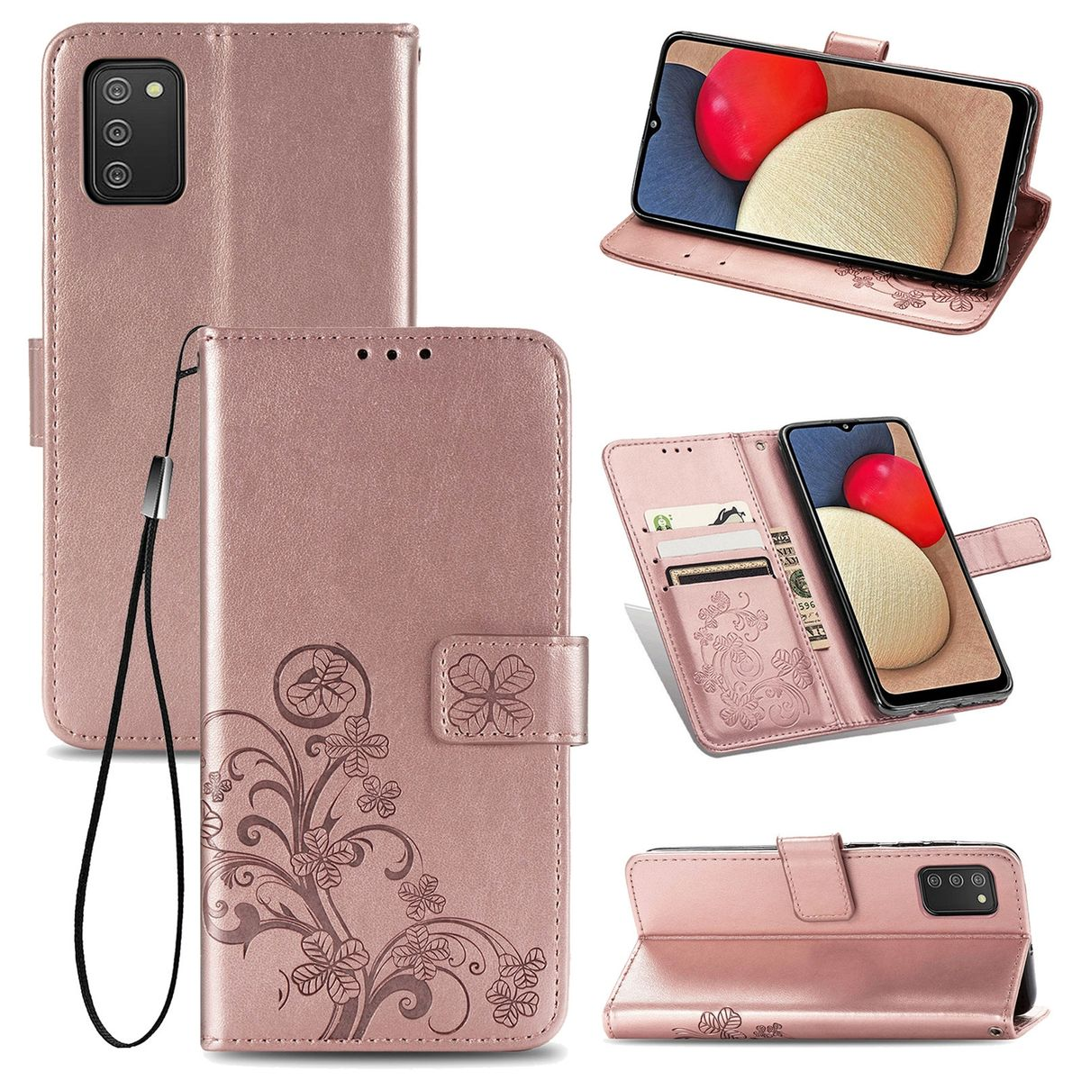 Roségoldene Handyhülle mit Kleeblatt-Design, verschiedene Ansichten. Telefon innen, Geldbörsen-Features. Mit Riemen.
