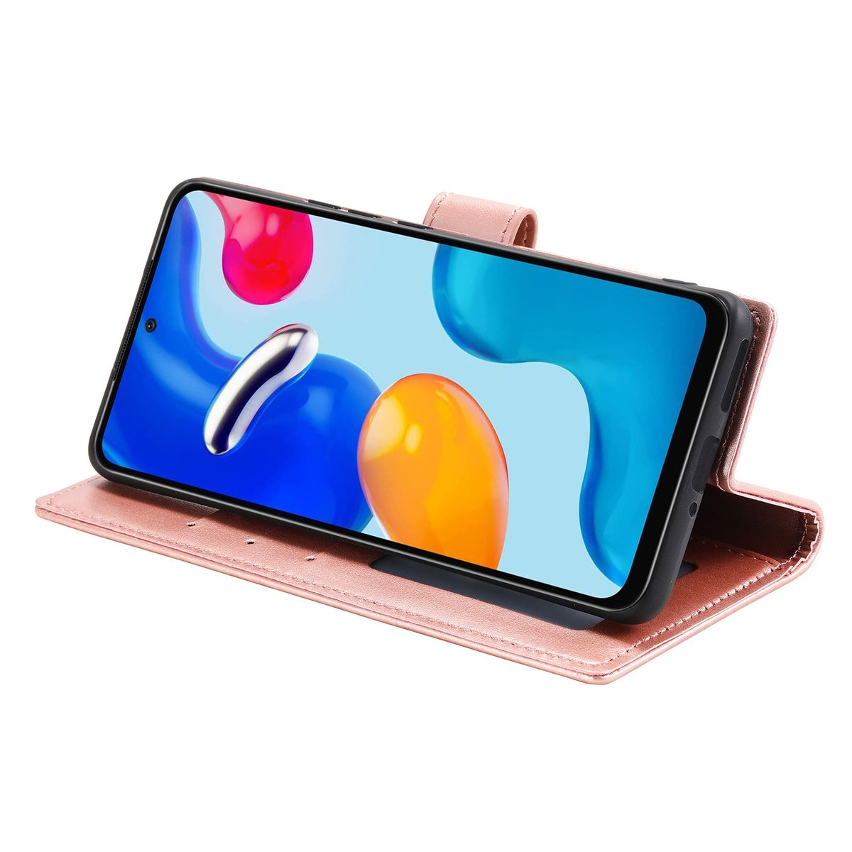 Rosa Handyhülle offen mit abgewinkeltem Telefon. Der Hintergrund ist weiß.