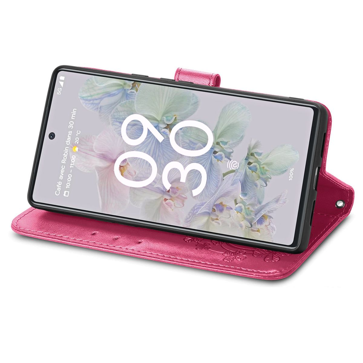Rosa Handyhülle mit Handy. Die Hülle ist offen. Die Uhrzeit wird mit 09:30 angegeben.