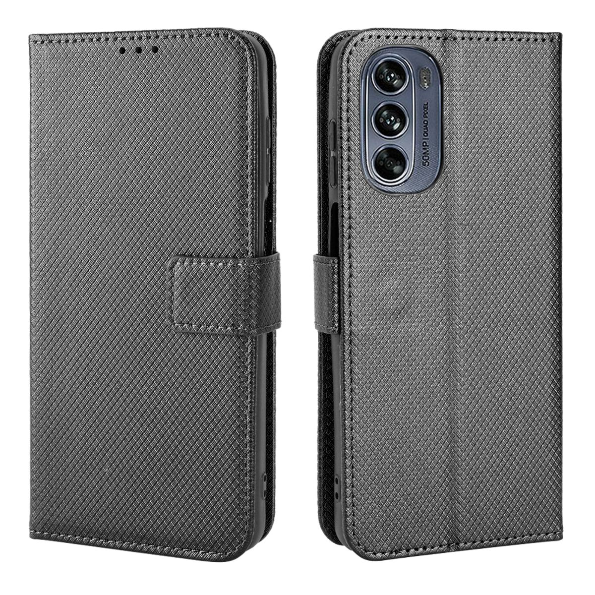 Graue Handyhülle, strukturiertes Design, geschlossen. Es ist eine Handyhülle im Brieftaschenstil.