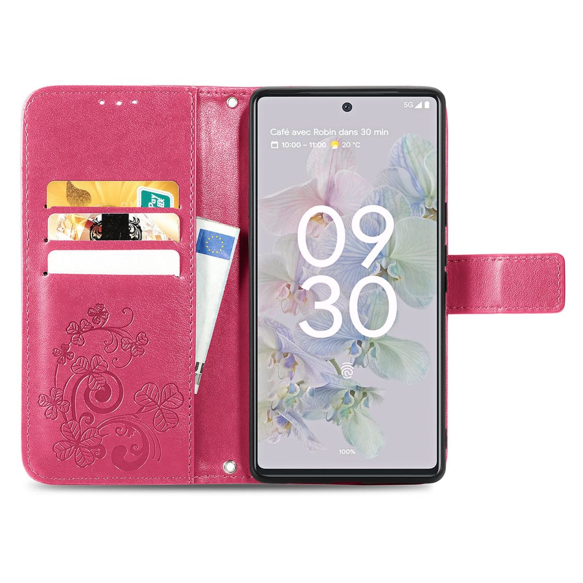 Rosa Handyhülle offen, mit Telefon, Karten und Blumendesign.