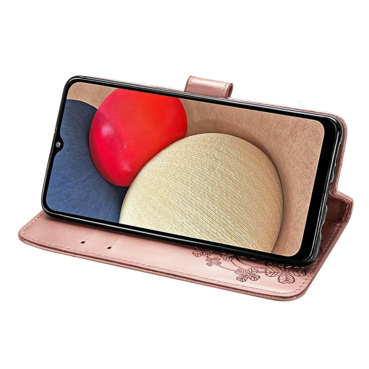 Eine rosa Handyhülle offen mit Telefon. Das Telefon zeigt ein abstraktes Bild.