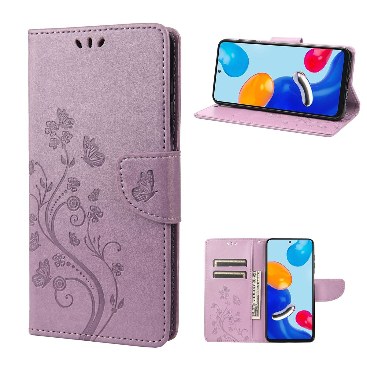 Lila Handyhülle mit Schmetterlingen, Telefon im Inneren und Kartenfächern. Brieftaschenhülle mit Ständer.
