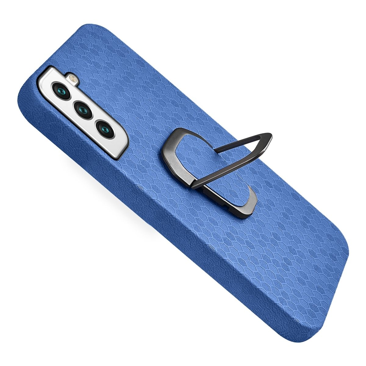 Blaue Handyhülle mit silbernem Ringhalter. Telefon hat Kameralinsen. Weißer Hintergrund.