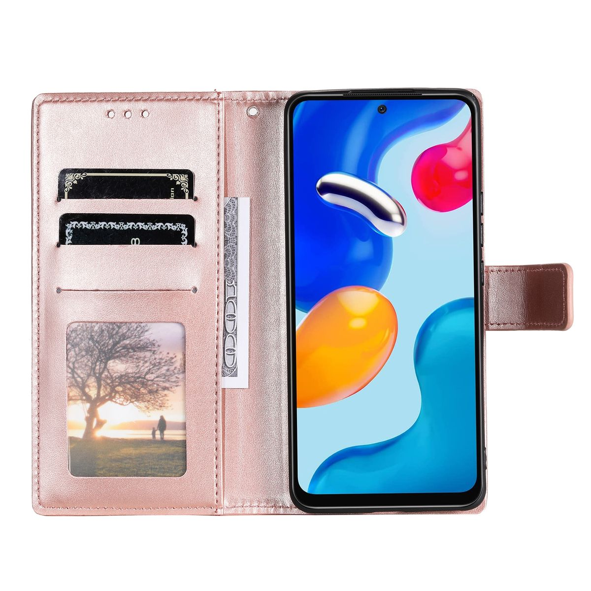 Rosa Handyhülle mit Karten, Geld und einem Telefon. Der Hintergrund ist weiß.