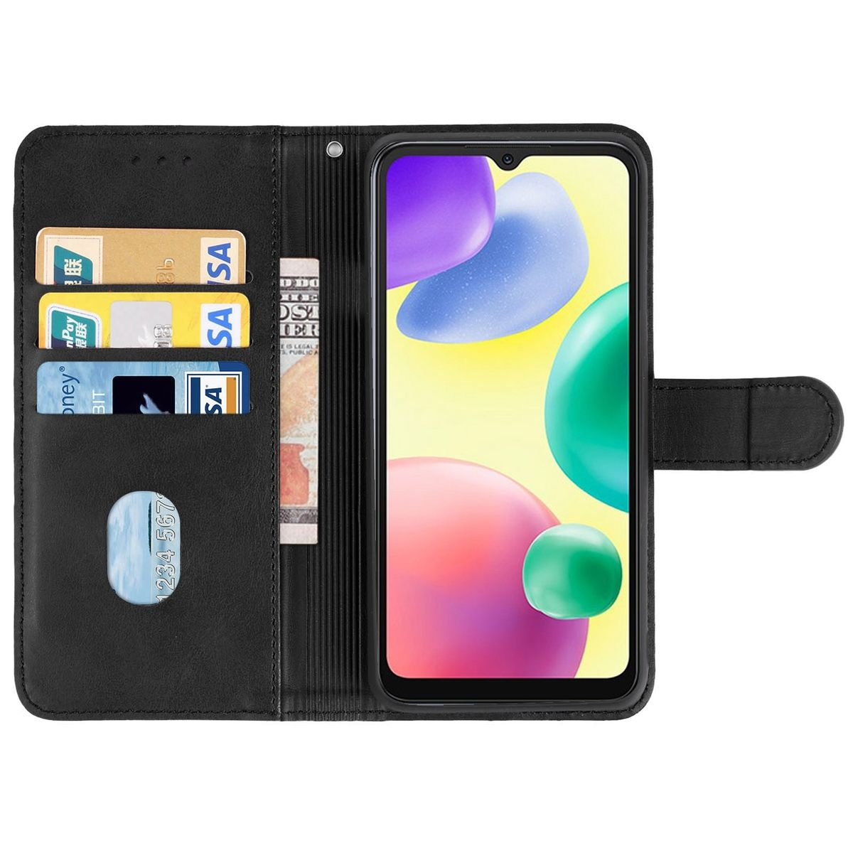 Schwarze Handyhülle mit Telefon mit farbenfrohem Hintergrund, zusammen mit Kreditkarten und Geld.