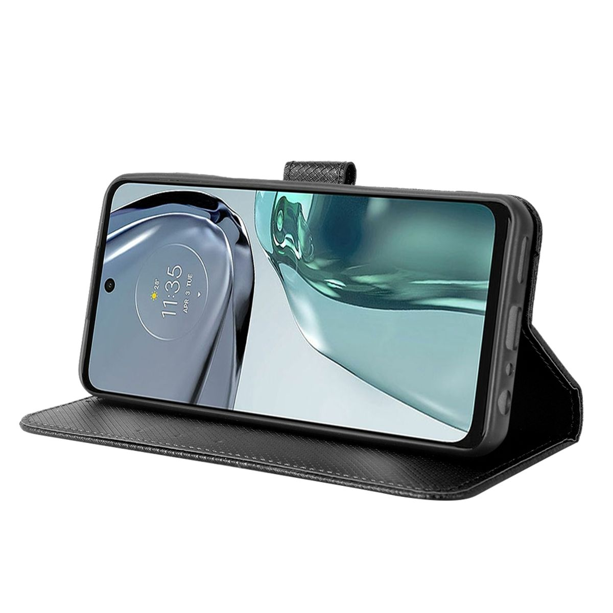 Schwarze Handyhülle mit einem Telefon, das einen Bildschirm mit Uhrzeit und Datum anzeigt.