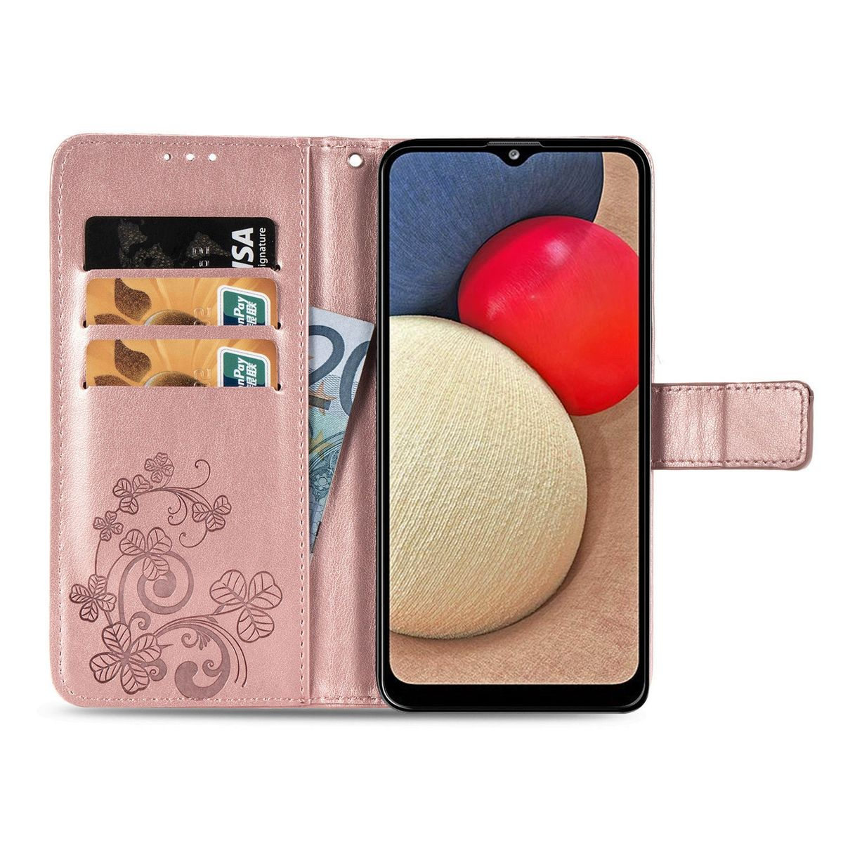 Rosa Handyhülle mit drei Kartenfächern und einem Telefon mit rotem und beigem Hintergrund.