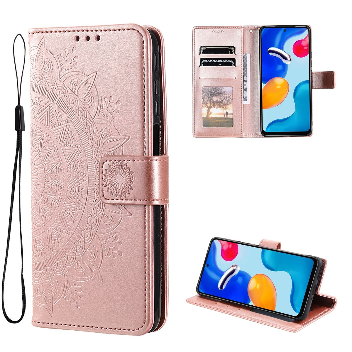 Rosa Handyhülle mit Mandala-Design, offen und zeigt Telefon mit Karten.