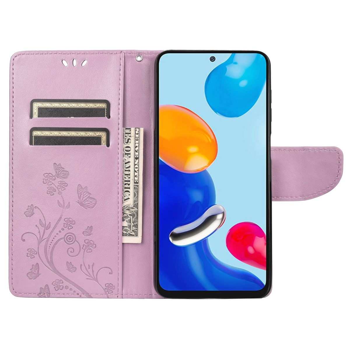 Geöffnete rosa Handyhülle mit Telefon. Hat Steckplätze für Karten und Geld.