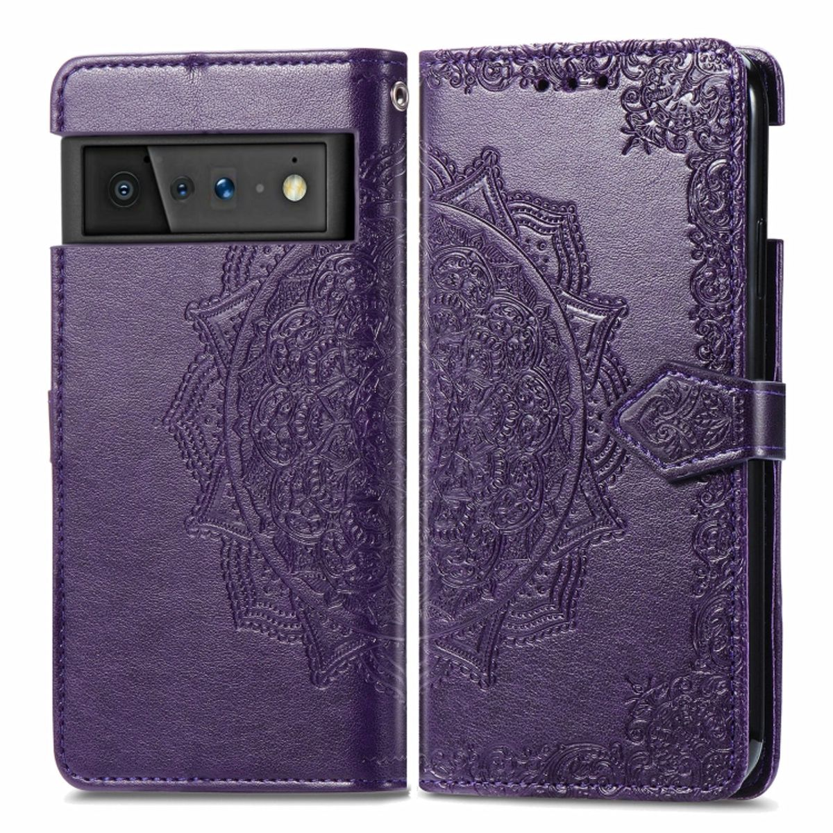 Lila Handyhülle mit Mandala-Design, offen, zeigt Telefon und Kartenfächer.