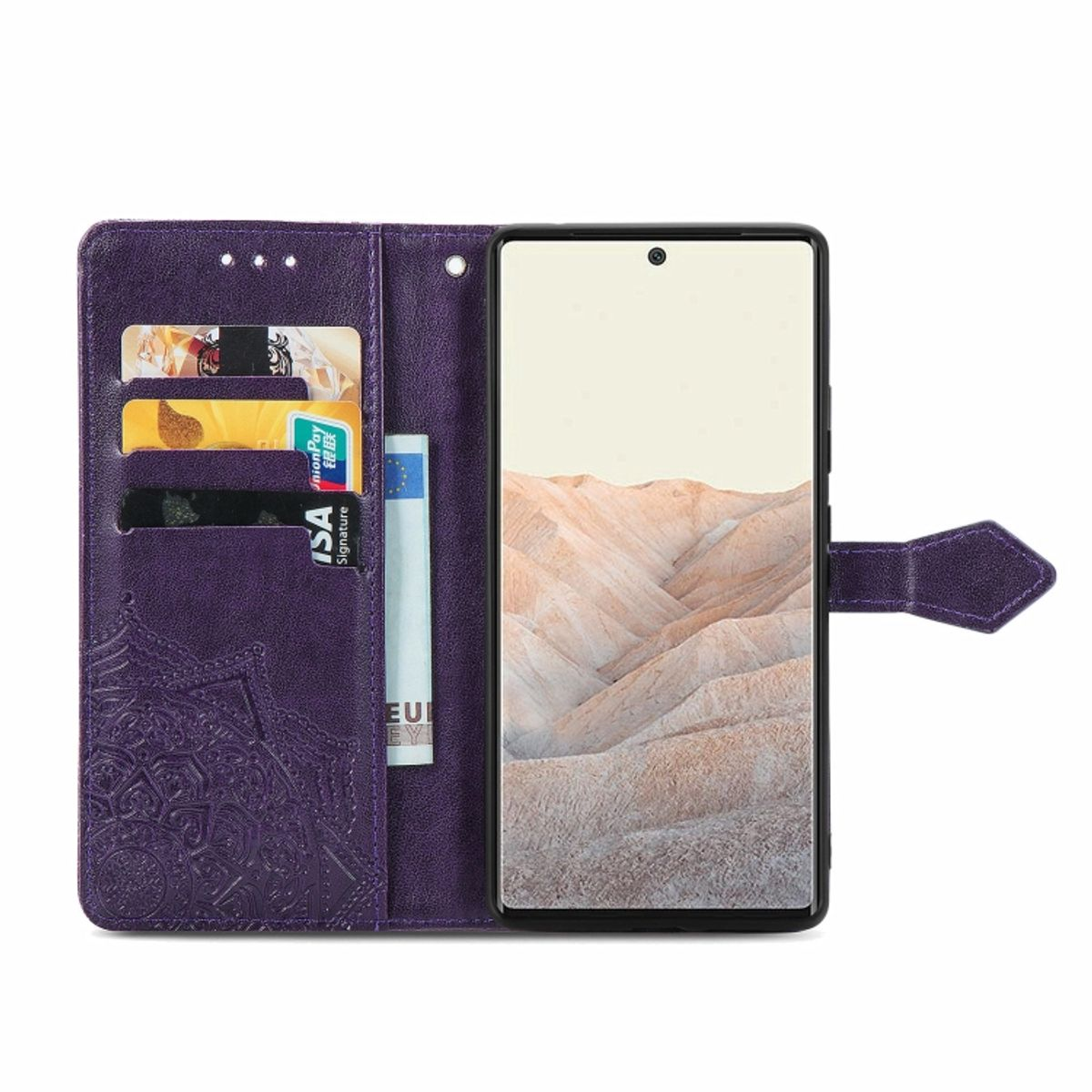 Lila Handyhülle, offen, mit Karten, Telefon innen. Mandala-Design auf der linken Seite.