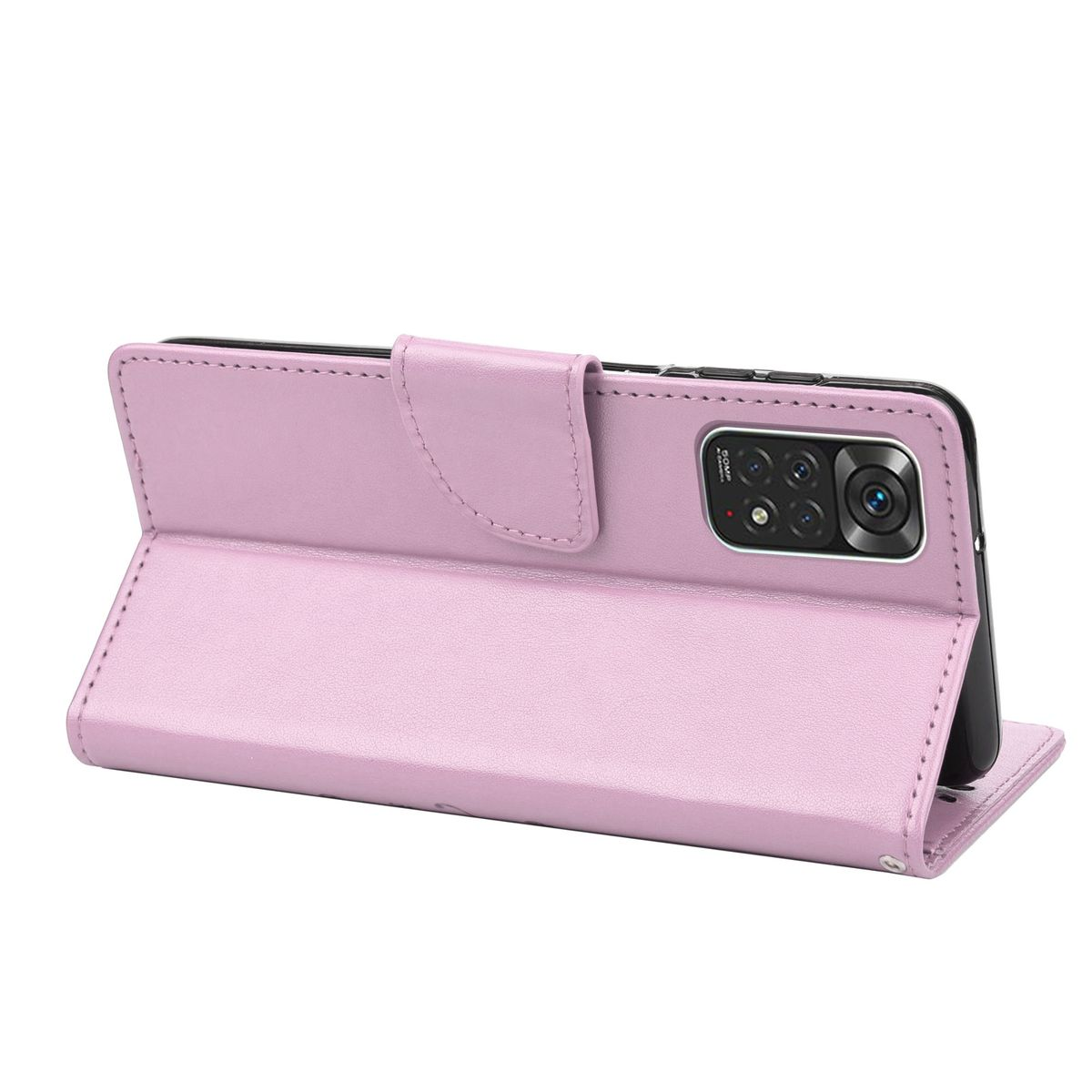 Rosa Handyhülle offen, unterstützt das Telefon. Telefonkamera ist sichtbar. Weißer Hintergrund.
