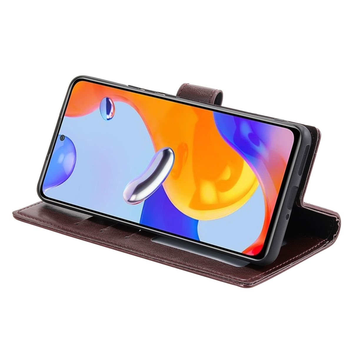 Braune Handyhülle, die ein Telefon zeigt. Der Telefonbildschirm zeigt ein orangefarbenes und blaues abstraktes Design.