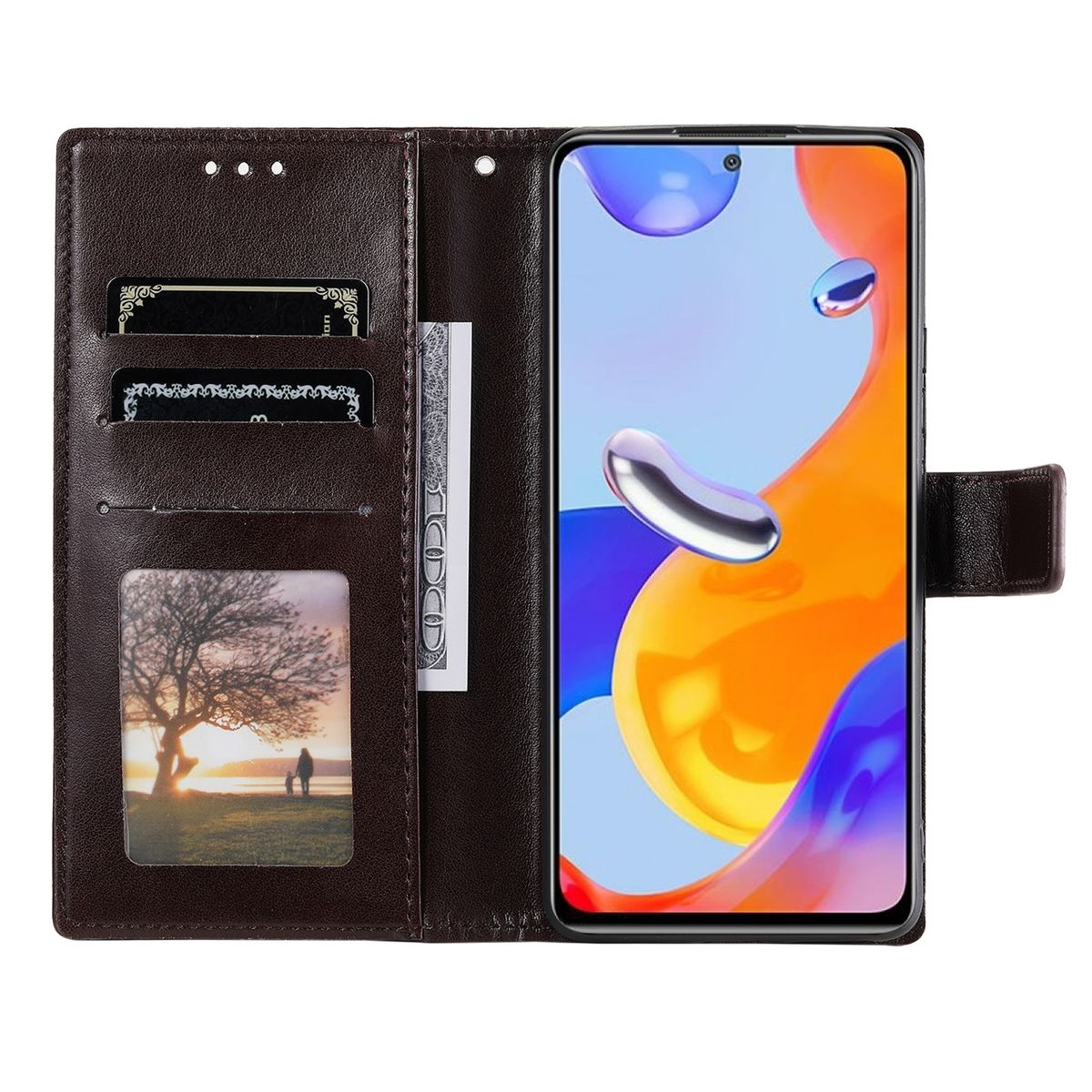 Braune Handyhülle mit einem Telefon und Fächern für Karten und Geld. Die Hülle ist geöffnet.