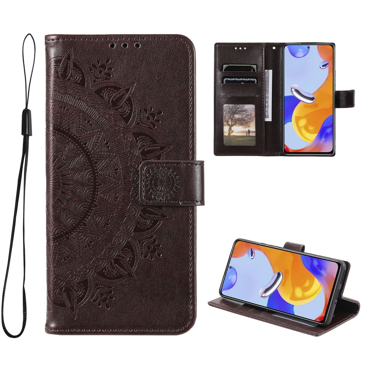 Braune Handyhülle mit Mandala-Design. Telefon ist in der Hülle, mit mehreren Ansichten.