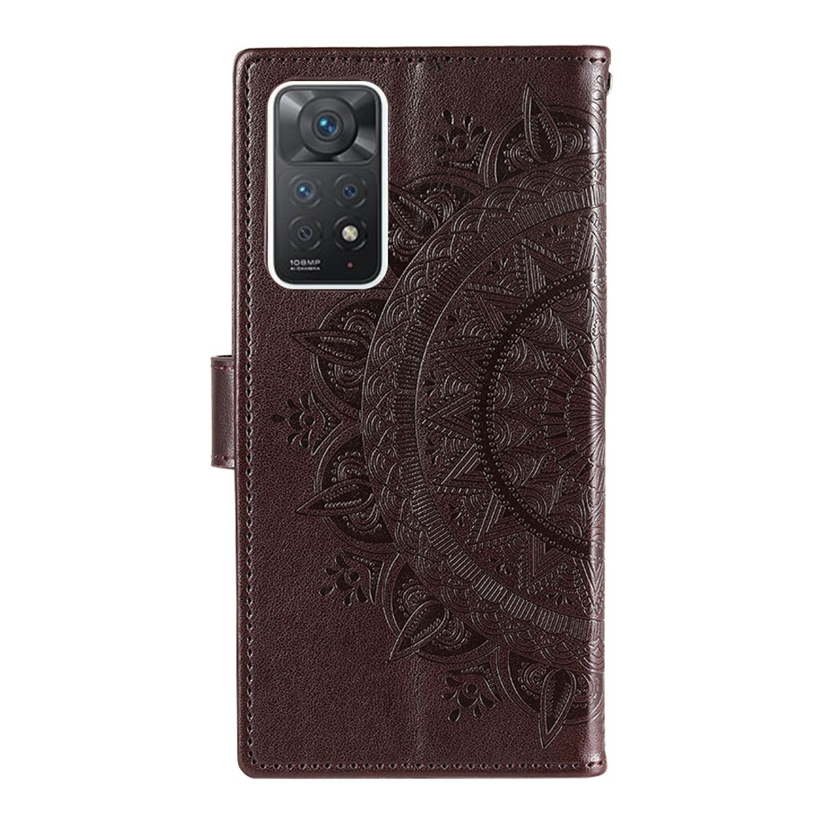 Braune Handyhülle geschlossen, mit Mandala-Design.