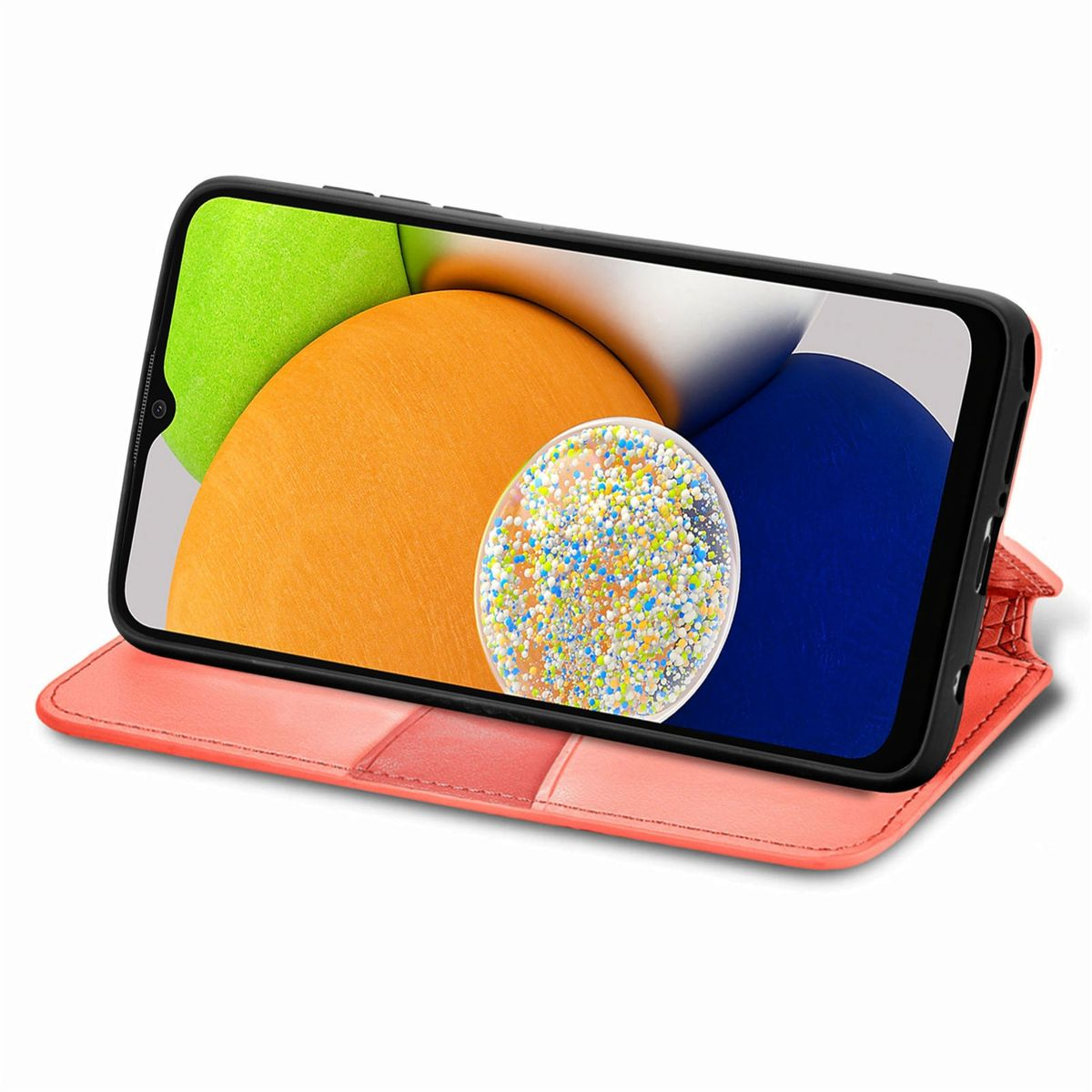 Korallenfarbene Handyhülle mit Telefon. Telefonbildschirm: orange, grün, blau. Hintergrund: weiß.