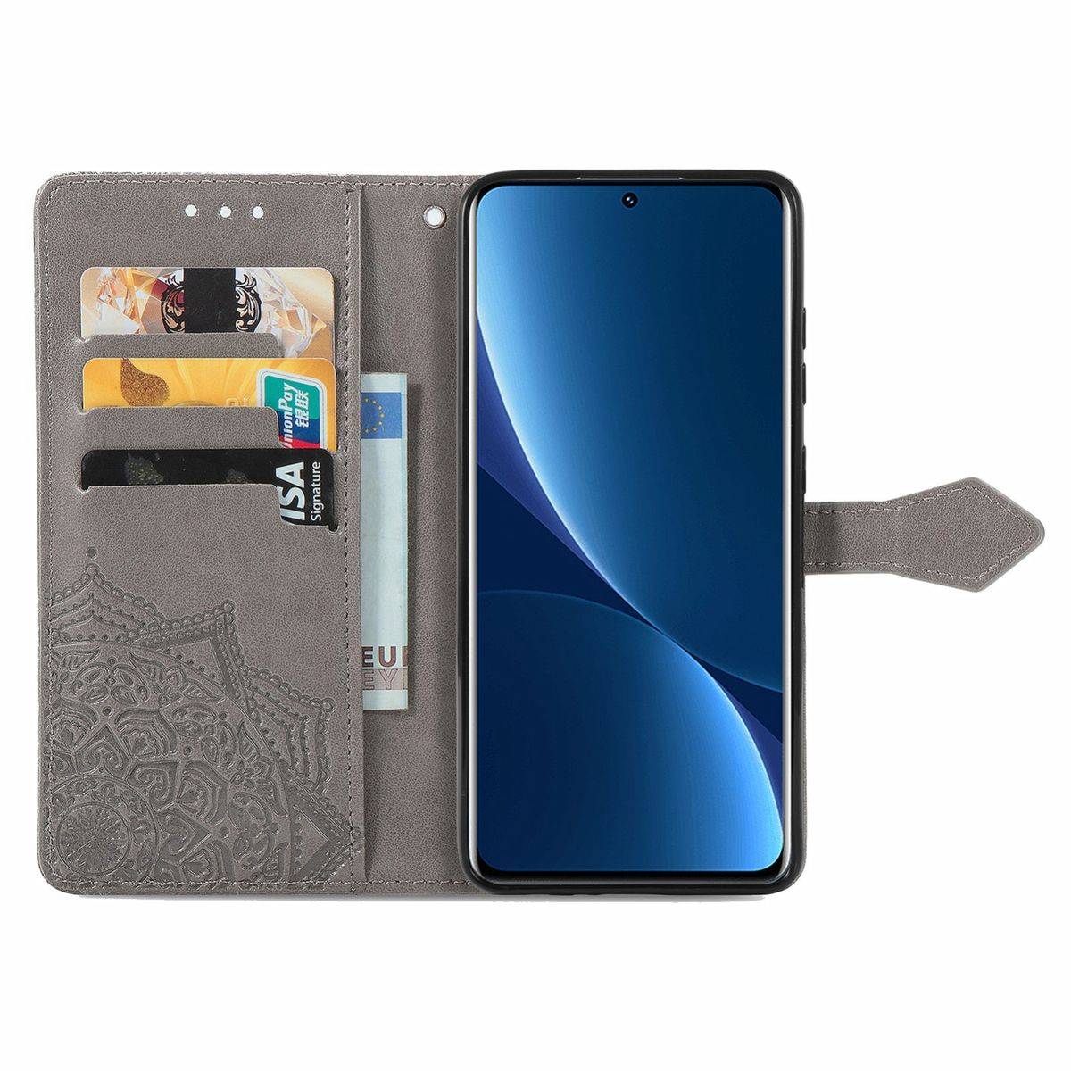 Graue Handyhülle geöffnet, zeigt das Telefon. Innentaschen für Karten und Bargeld. Mandala-Design.