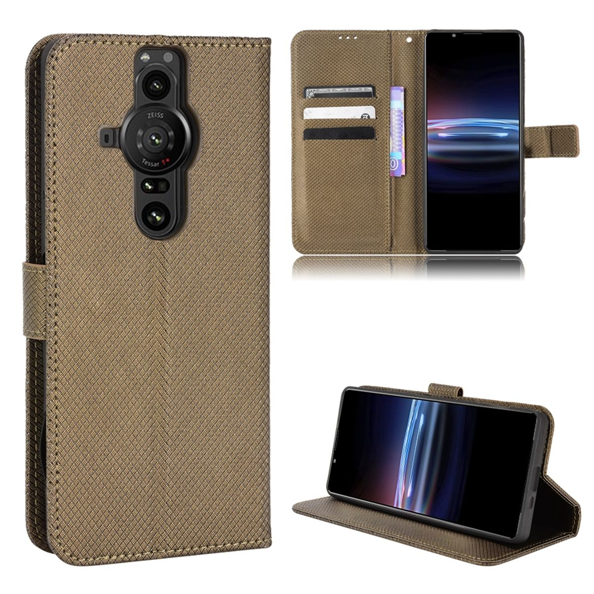 Eine braune Handyhülle mit mehreren Ansichten, offen und geschlossen. Verfügt über ein Telefon mit mehreren Linsen und einem Bildschirm.