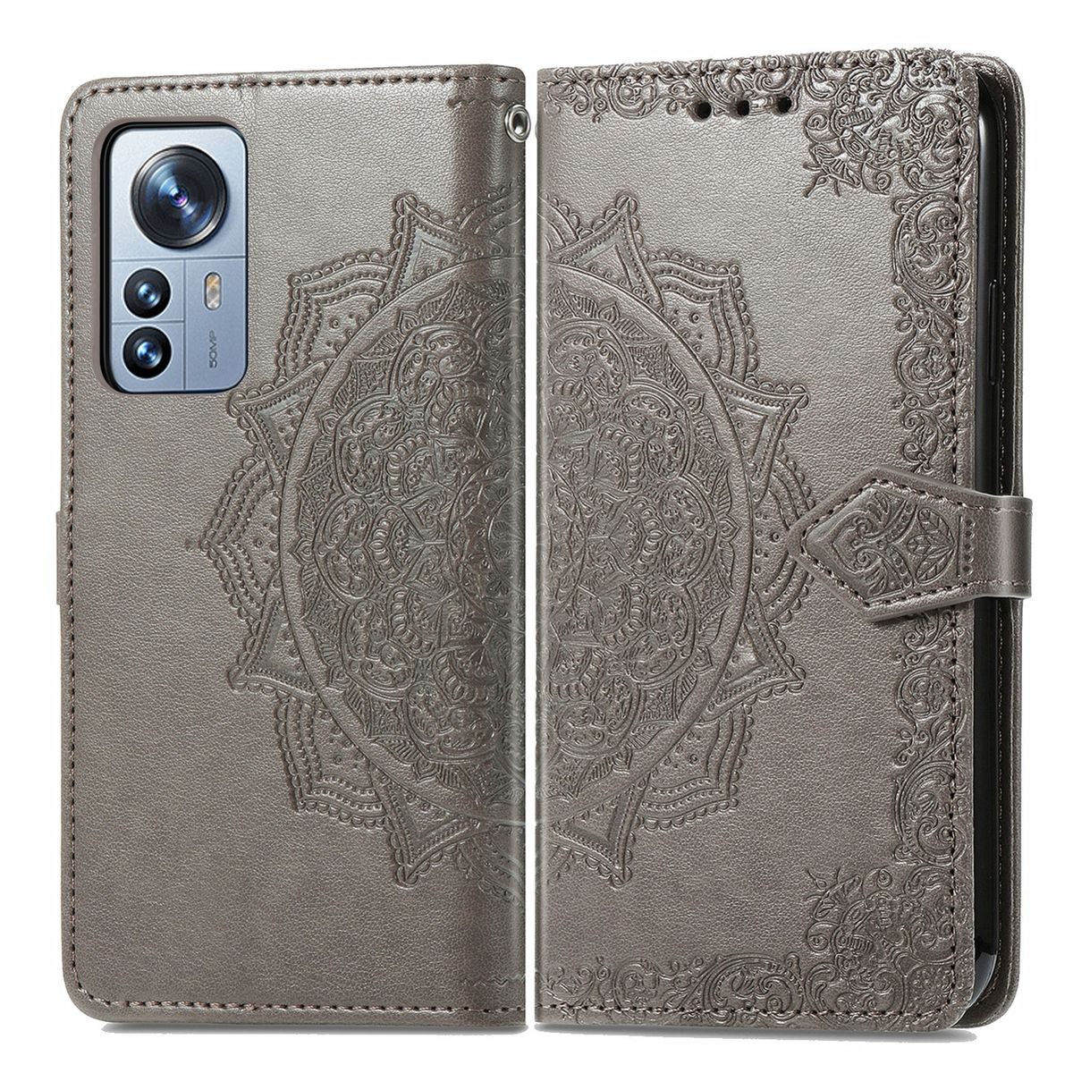 Graue Handyhülle, offen, mit einem Telefon. Mit Mandala-Design. Mit Magnetverschluss.