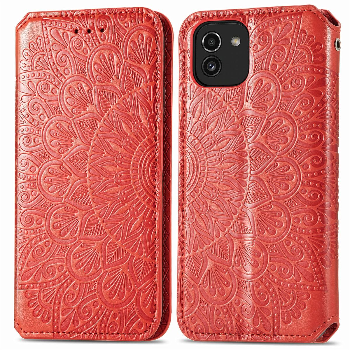 Eine rote Telefonhülle geöffnet, mit Mandala-ähnlichen geprägten Mustern. Die Hülle hält ein Telefon.