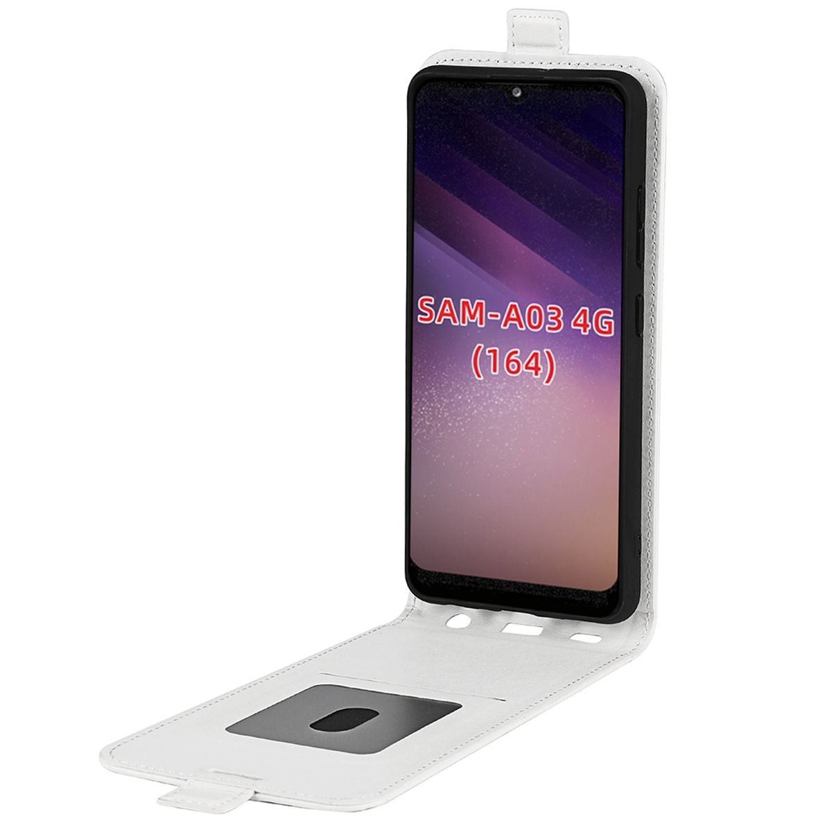 Weiße Handyhülle mit offener Klappe. Der Bildschirm zeigt "SAM-A03 4G (164)".